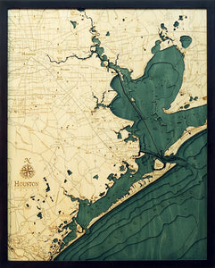 Houston, TX Wood Carved Topographic Depth Chart/Map