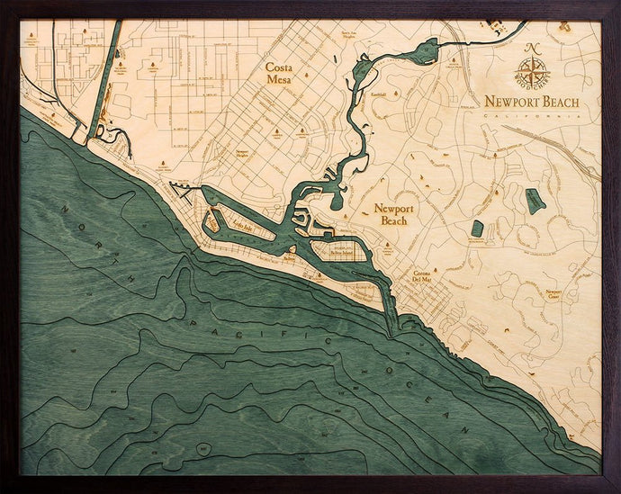 Newport Beach Wood Carved Topographic Depth Chart/Map