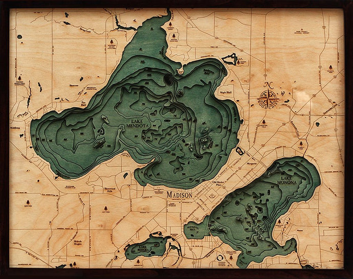Lake Mendota & Menona, WI Wood Carved Topographic Depth Chart/Map