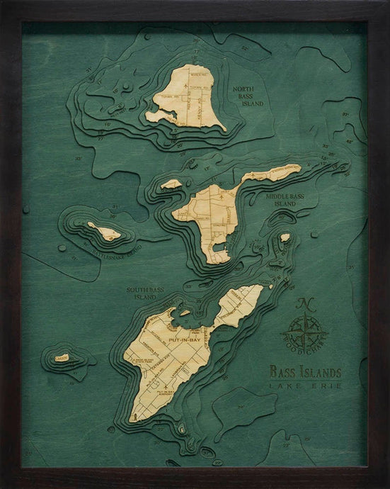 Bass Islands & Put-in-Bay Wood Carved Topographic Depth Chart/Map