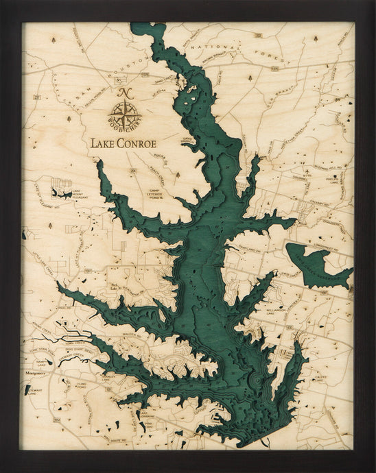 Lake Conroe, TX Wood Carved Topographic Depth Chart/Map