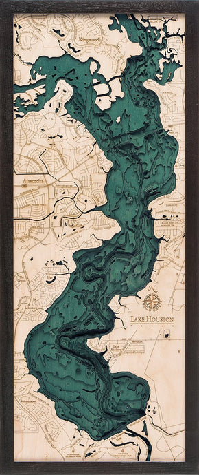 Lake Houston, Texas Wood Carved Topographic Depth Chart/Map