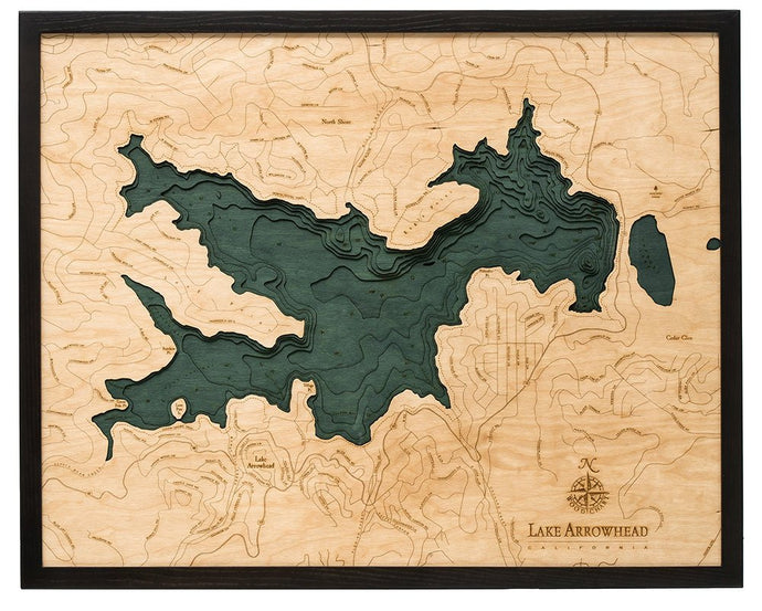 Lake Arrowhead Wood Carved Topographical Depth Chart/Map