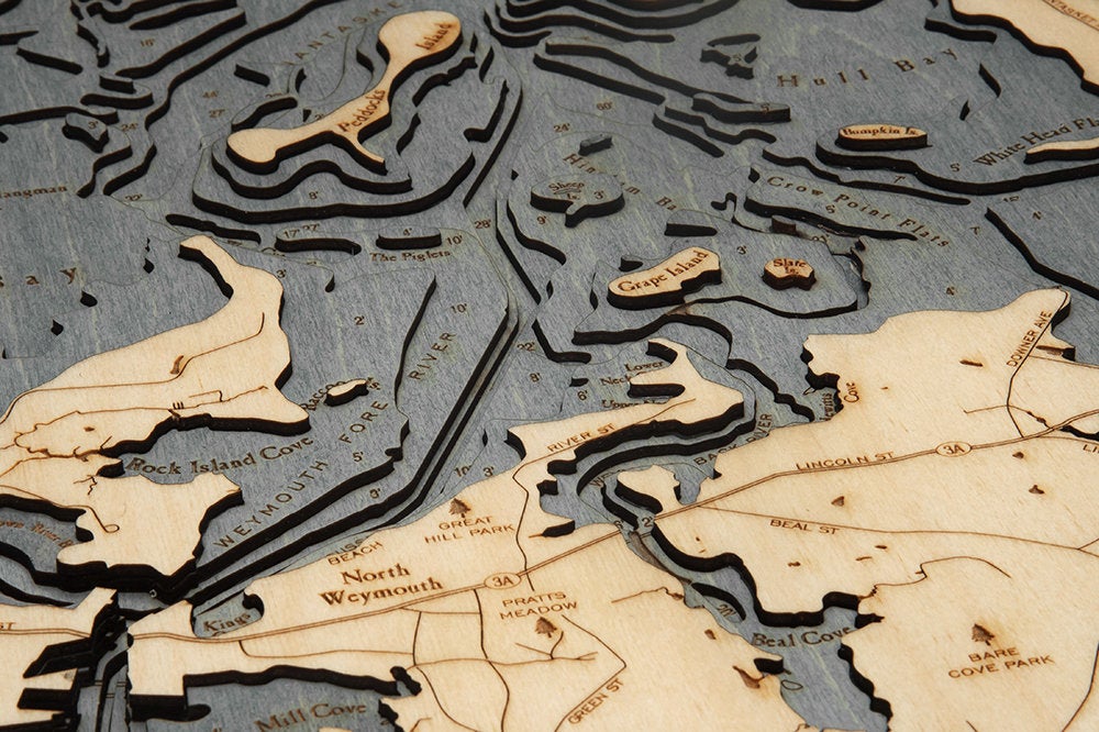 Boston Harbor Wood Carved Topographic Depth Chart/Map Lake Chart