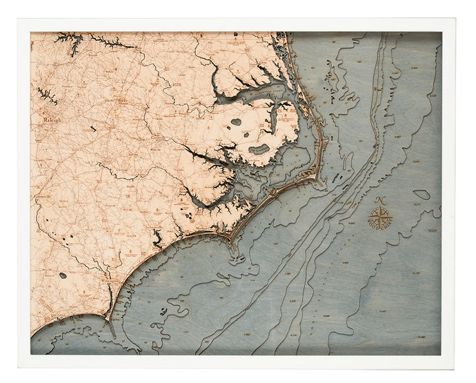 North Carolina Coast Wood Carved Topographic Depth Chart/Map