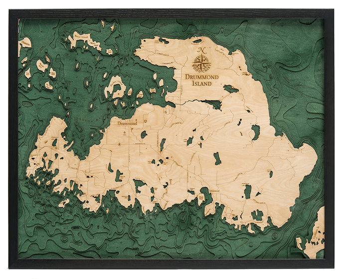 Drummond Island Wood Carved Topographical Depth Chart/Map