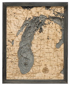 Lake Michigan Wood Carved Topographic Depth Chart/Map