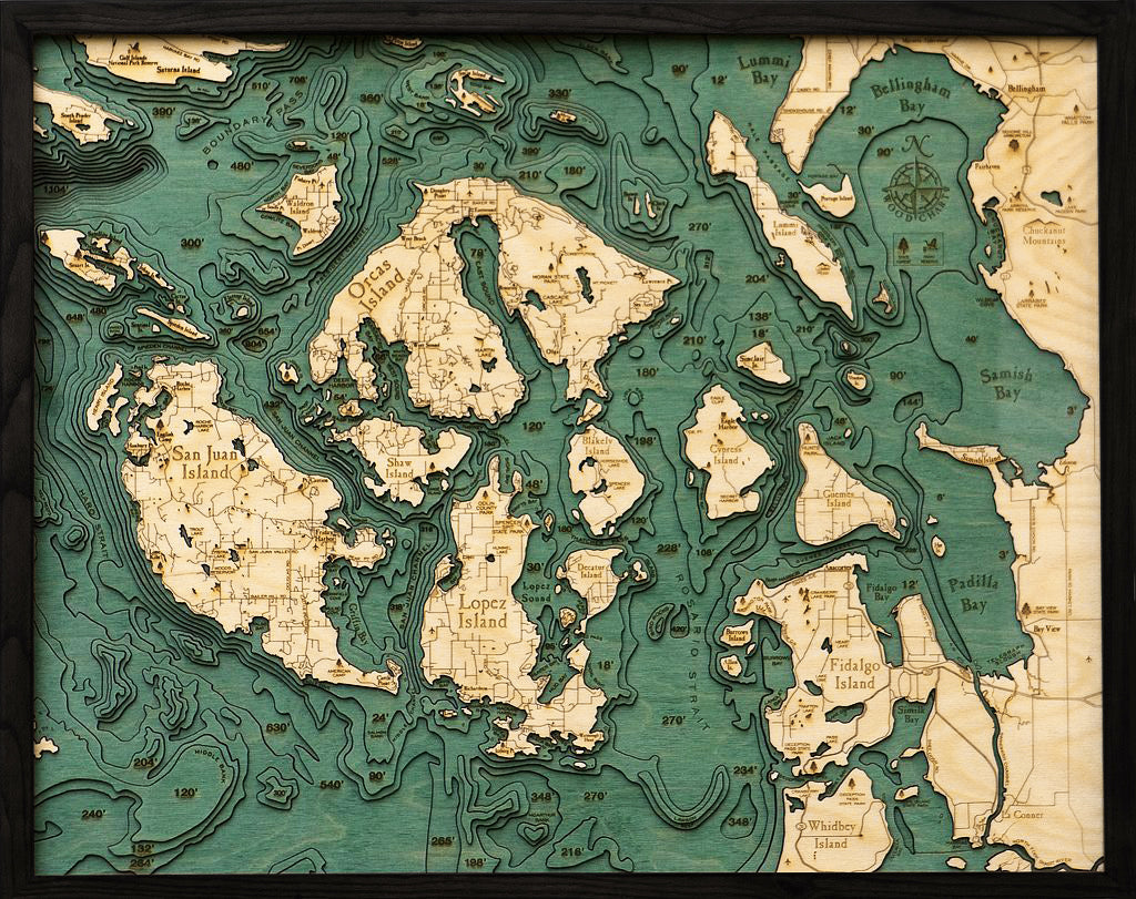 San Juan Islands Wood Carved Topographical Map