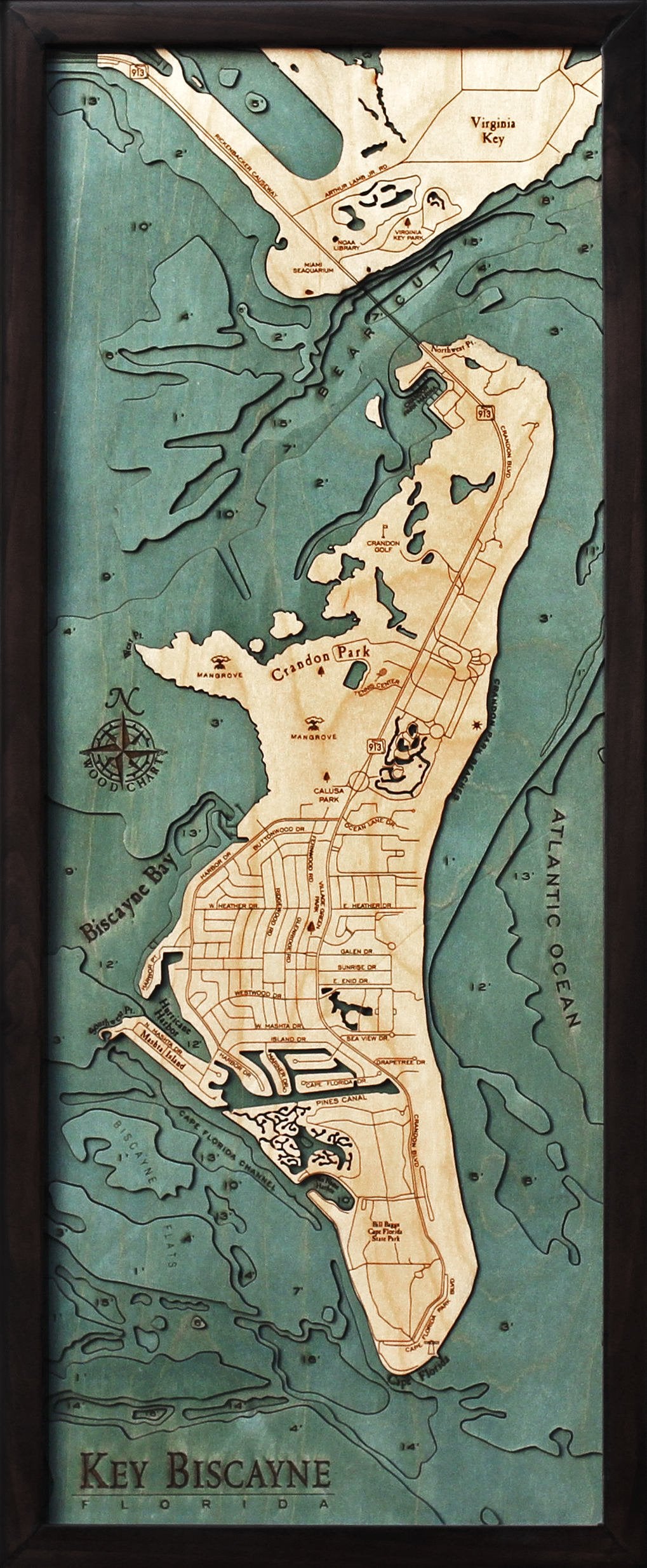 Key Biscayne Wood Carved Topographic Depth Chart/Map