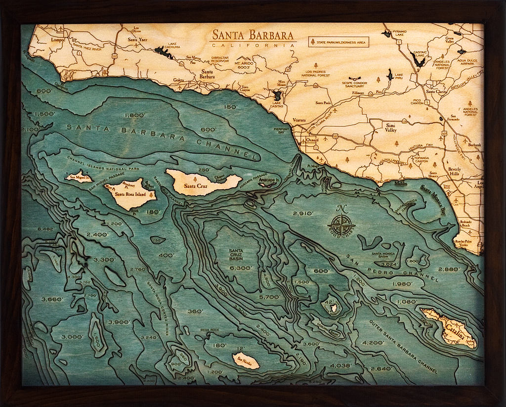 Santa Barbara/Channel Islands Wood Carved Topographic Depth Chart/Map