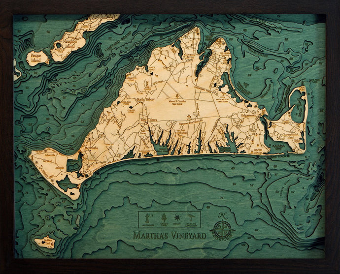 Martha's Vineyard, Massachusetts Wood Carved Topographic Depth Chart/Map