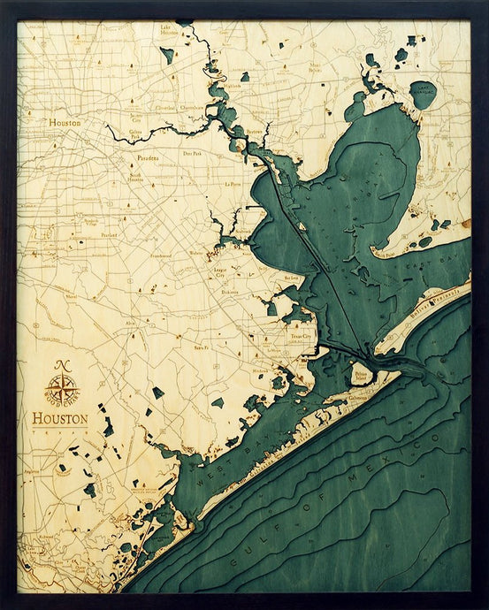 Houston, TX Wood Carved Topographic Depth Chart/Map