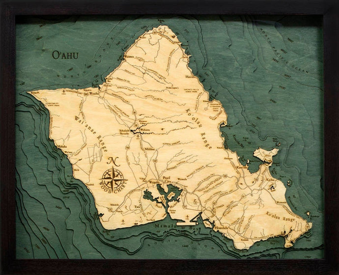 Oahu Wood Carved Topographic Depth Chart/Map