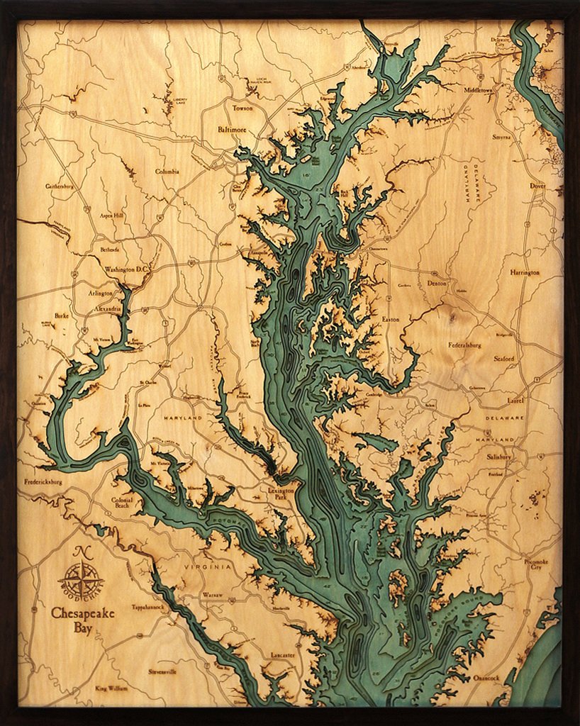 Chesapeake Bay Wood Carved Topographic Depth Chart/Map