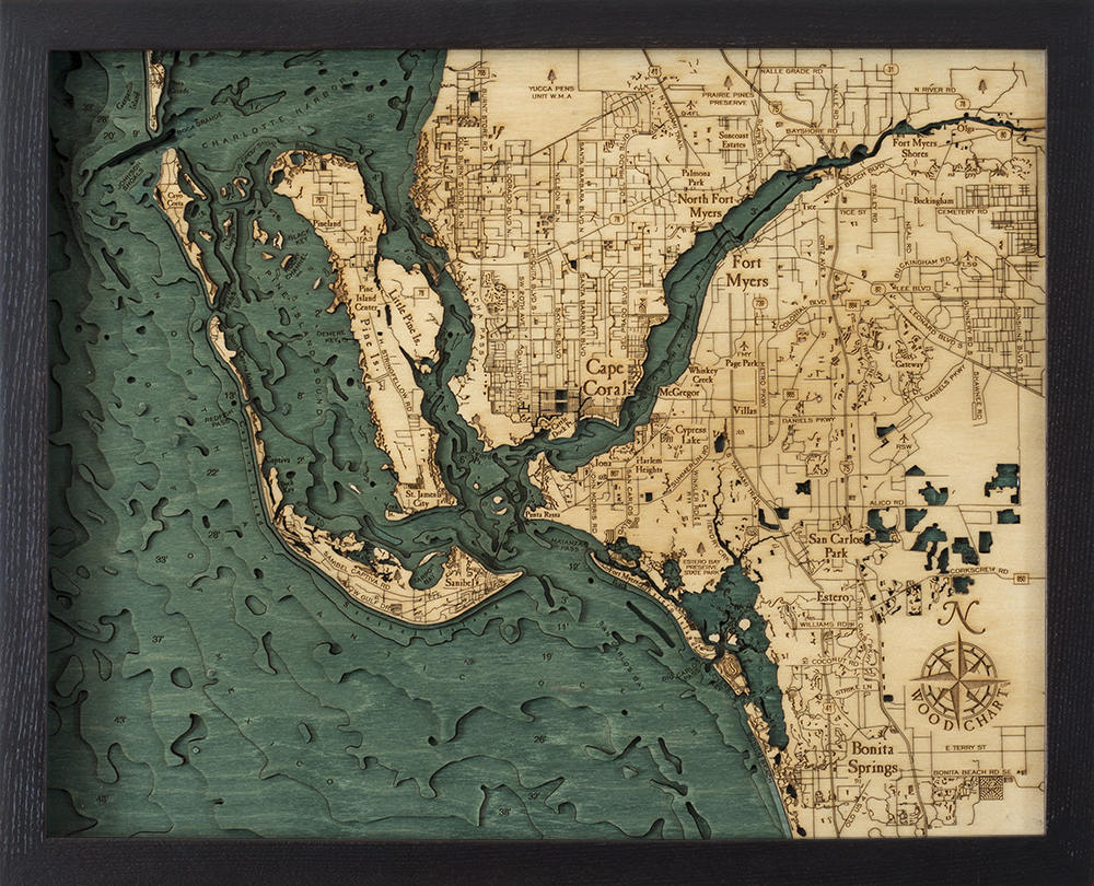 Fort Myers Wood Carved Topographic Depth Chart/Map