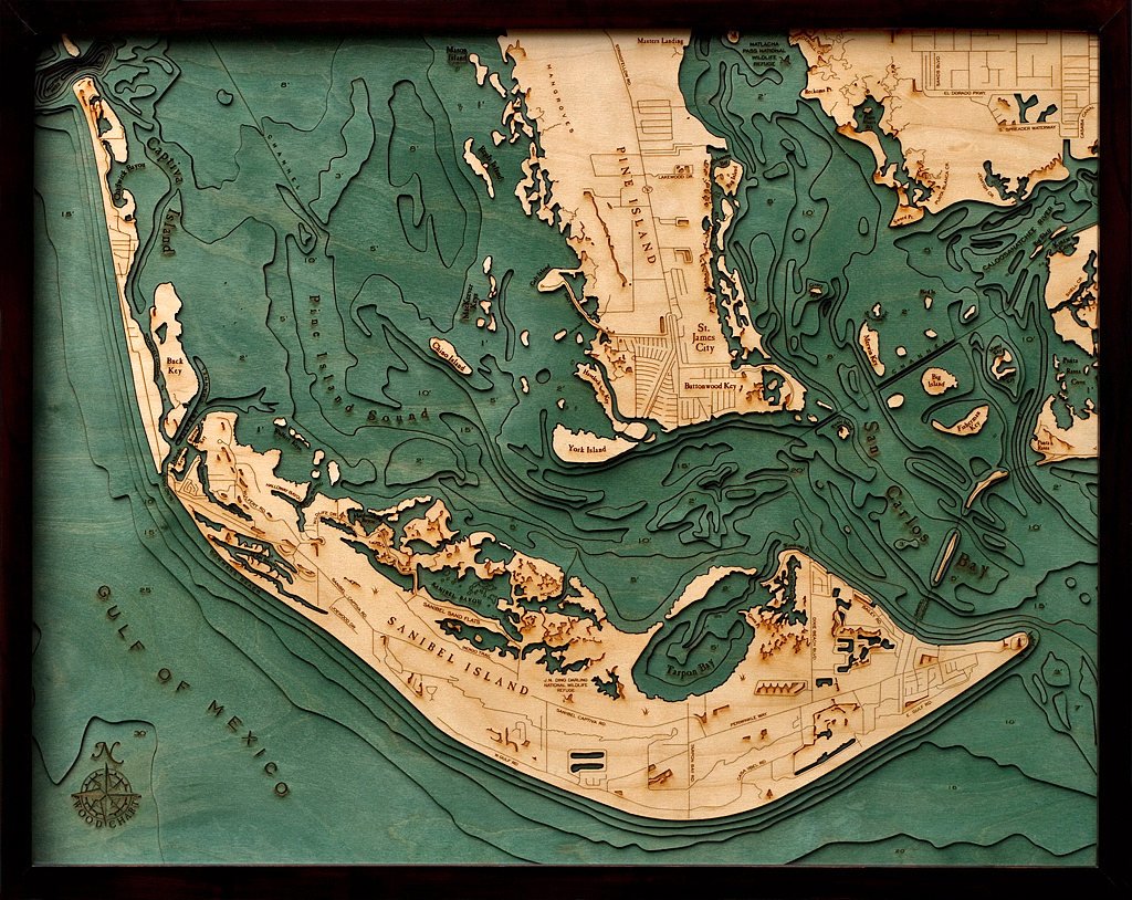 Sanibel Island Wood Carved Topographic Depth Chart/Map