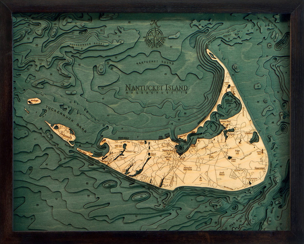 Nantucket Wood Carved Topographic Depth Chart/Map