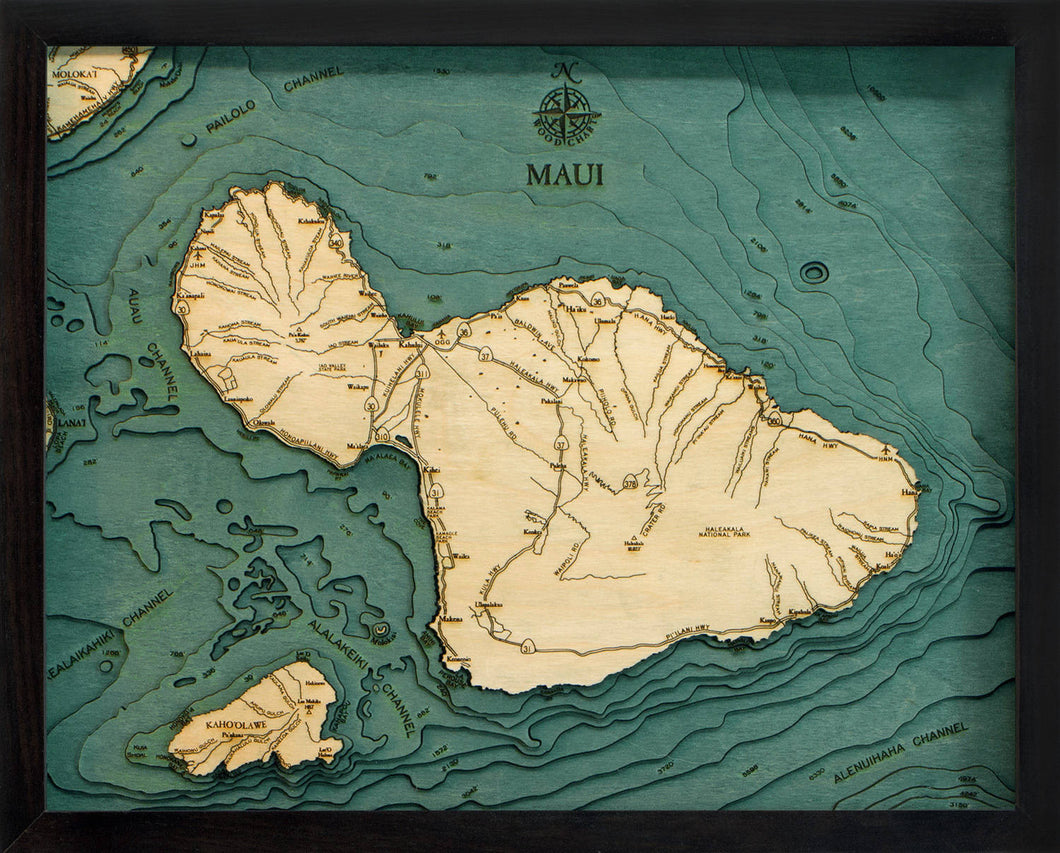 Maui Wood Carved Topographic Depth Chart/Map