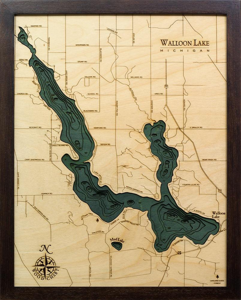 Walloon Lake, Michigan Wood Carved Topographic Depth Chart/Map