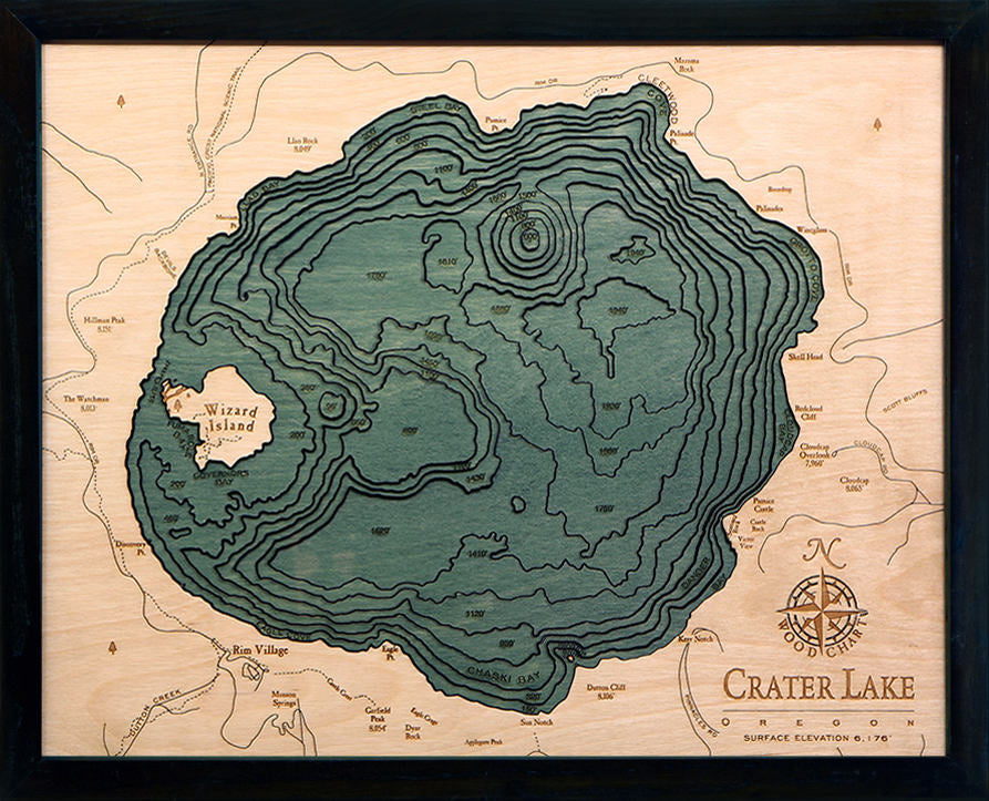 Crater Lake Wood Carved Topographic Depth Chart/Map