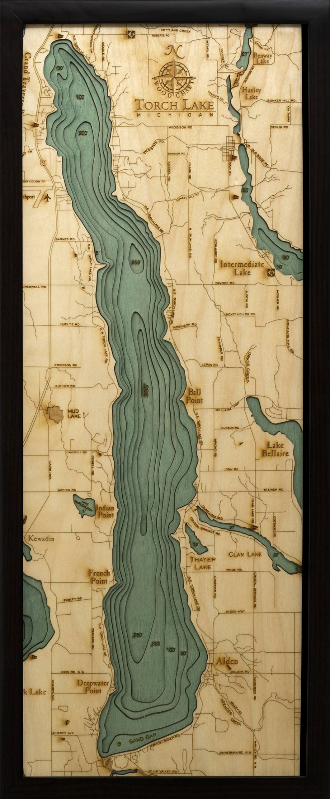 Torch Lake, Michigan Wood Carved Topographic Depth Chart/Map