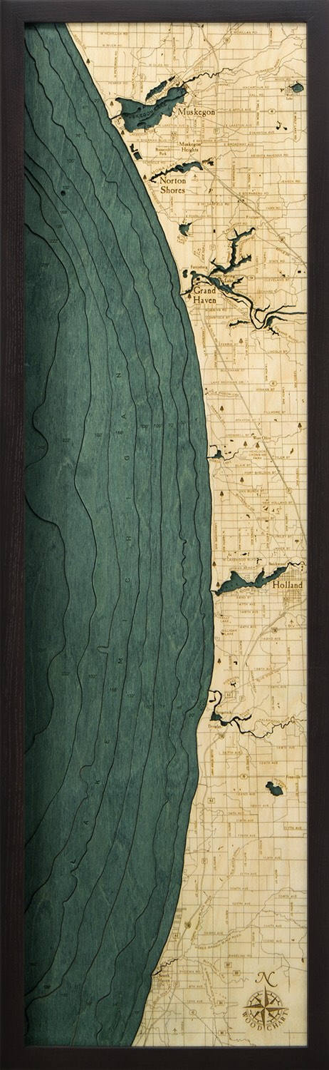 Muskegon to South Haven Wood Carved Topographic Depth Chart/Map