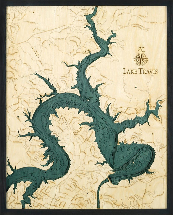 Lake Travis, TX Wood Carved Topographic Depth Chart/Map