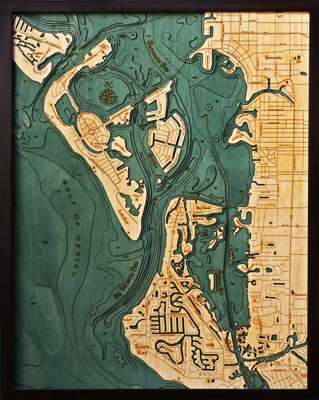 Siesta Key Wood Carved Topographic Depth Chart/Map