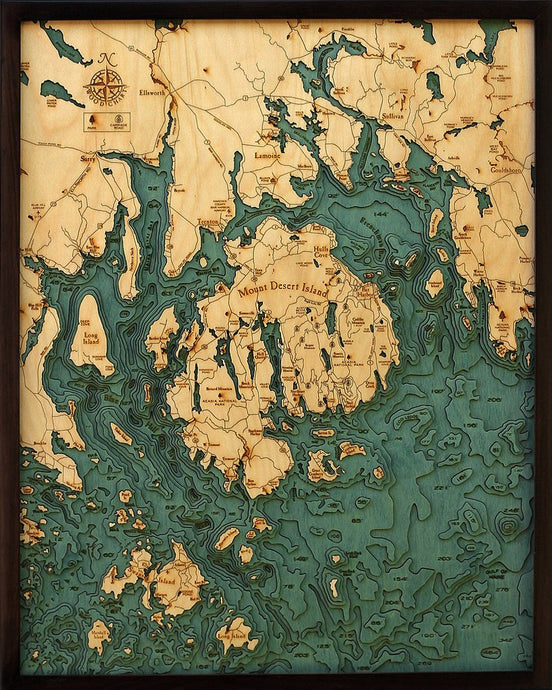 Mt. Desert/Bar Harbor Wood Carved Topographic Depth Chart/Map