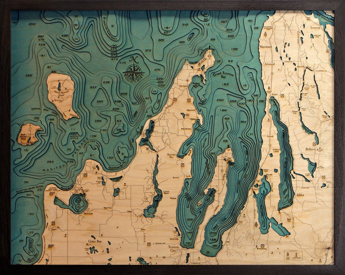 Grand Traverse Bay/Leelanau Wood Carved Topographic Depth Chart/Map