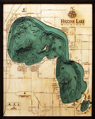 Higgins Lake, Michigan Wood Carved Topographic Map