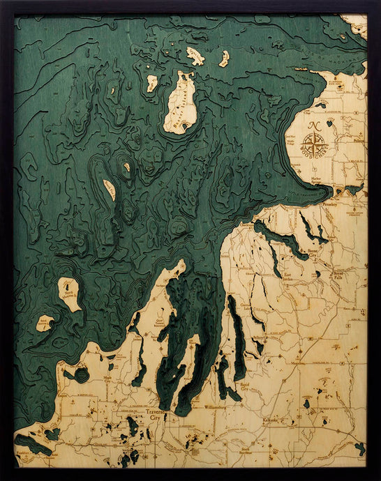 Northwest Michigan Wood Carved Topographic Depth Chart/Map