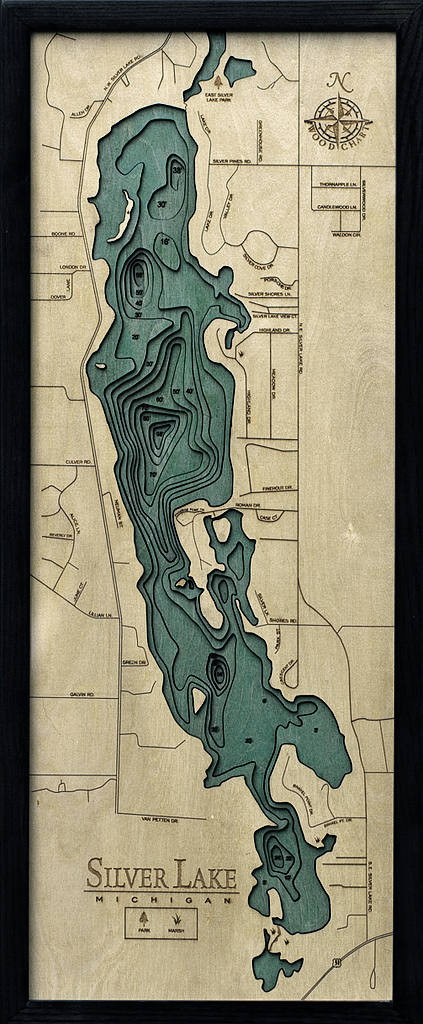 Silver Lake, Michigan Wood Carved Topographic Depth Chart/Map