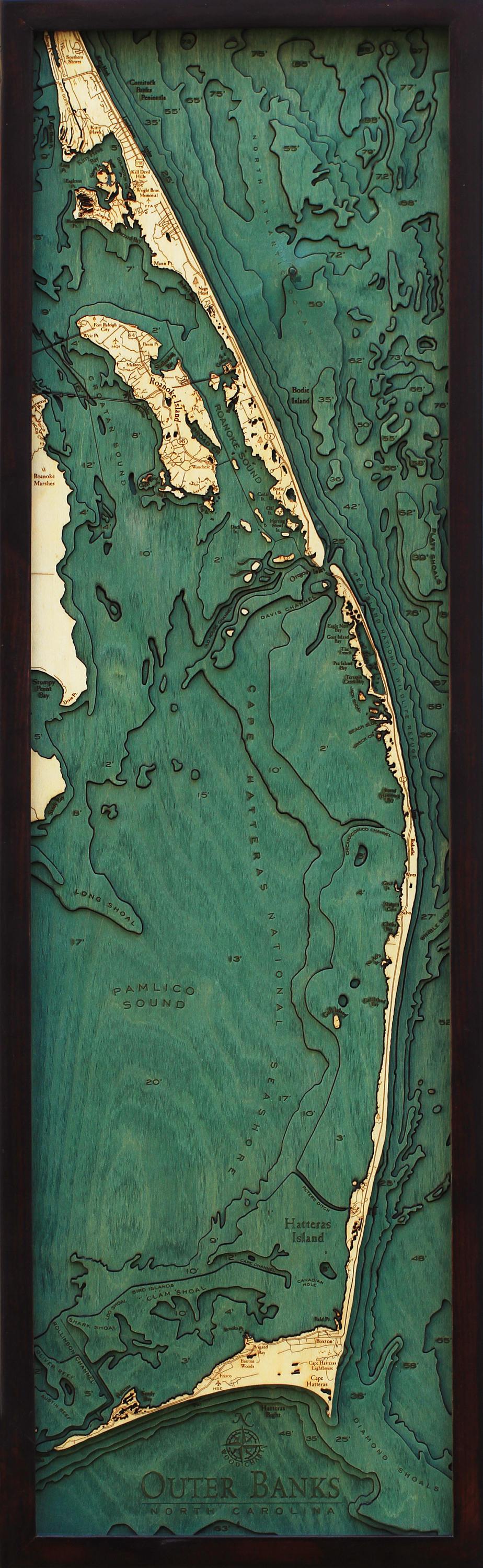 Outer Banks, North Carolina Wood Carved Topographic Depth Chart/Map