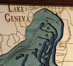 Lake Geneva, WI Wood Carved Topographic Depth Chart/Map