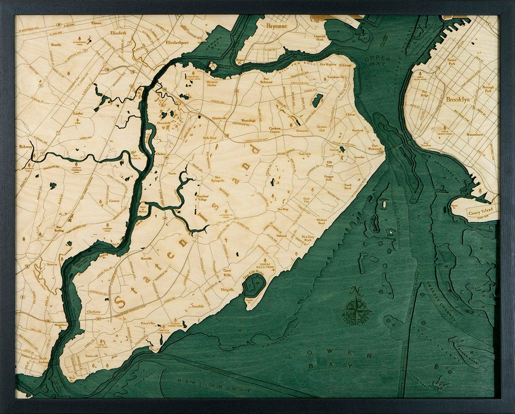 Staten Island, NY Wood Carved Topographic Depth Chart/Map