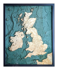 United Kingdom Wood Carved Topographic Depth Chart/Map