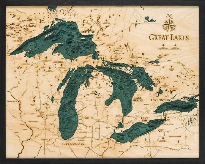 Great Lakes Wood Carved Topographical Depth Chart/Map