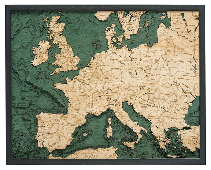 Western Europe Wood Carved Topographic Depth Chart/Map