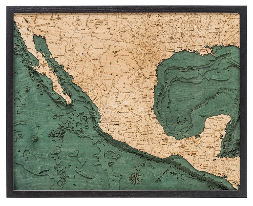 Mexico Wood Carved Topographic Depth Chart/Map