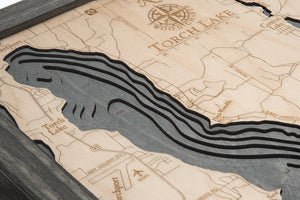 Torch Lake, Michigan Wood Carved Topographic Depth Chart/Map