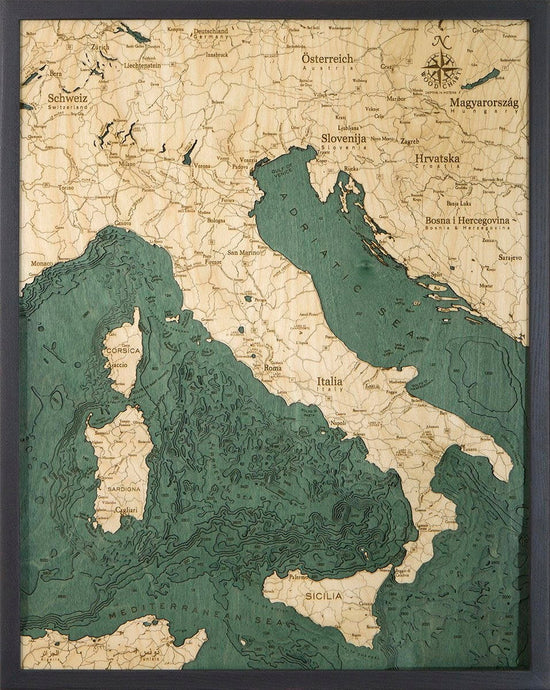 Italy Wood Carved Topographic Depth Chart/Map