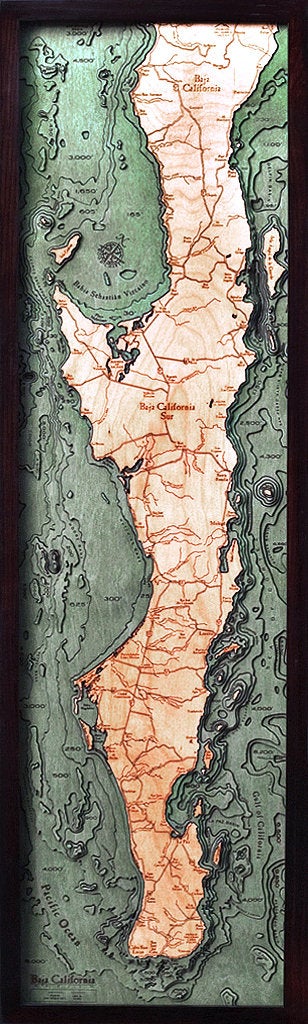 Baja California Wood Carved Topographic Depth Chart/Map