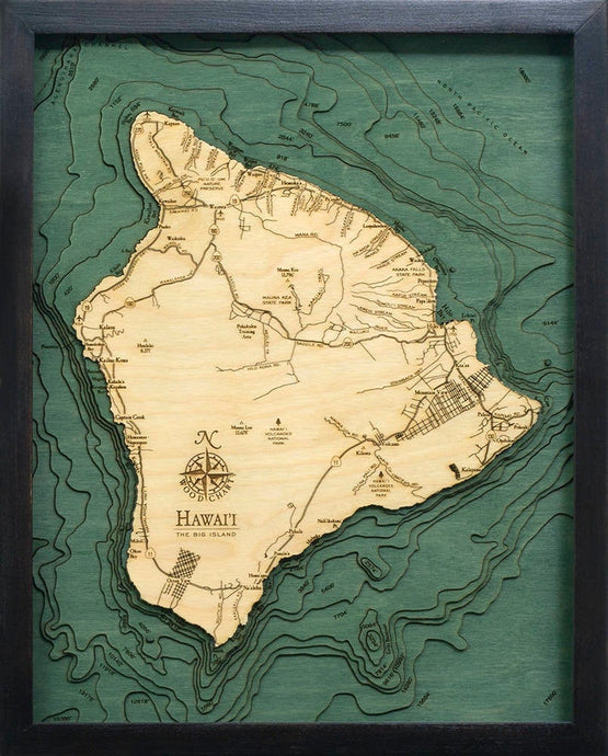 Hawaii (The Big Island) Wood Carved Topographic Depth Chart/Map