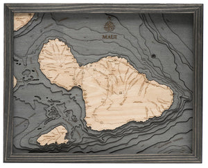 Maui Wood Carved Topographic Depth Chart/Map