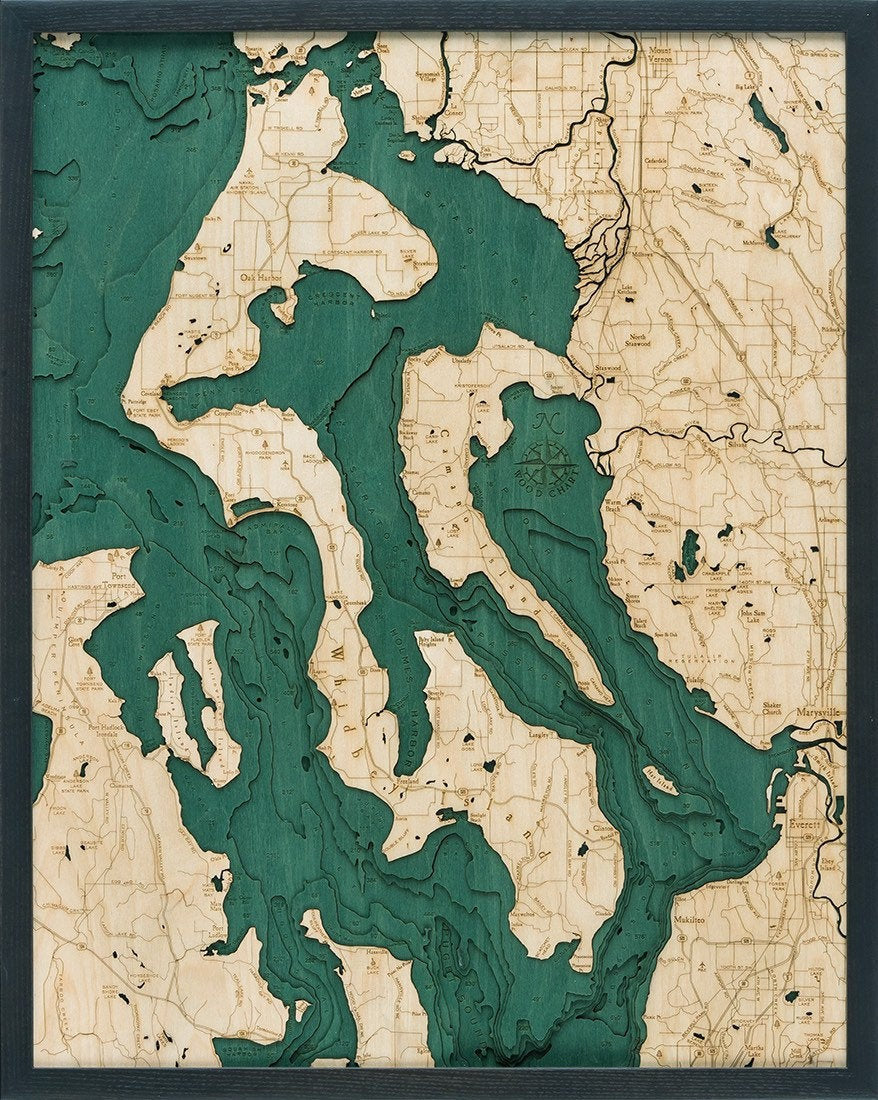 Whidbey & Camano Islands Wood Carved Topographic Depth Chart/Map